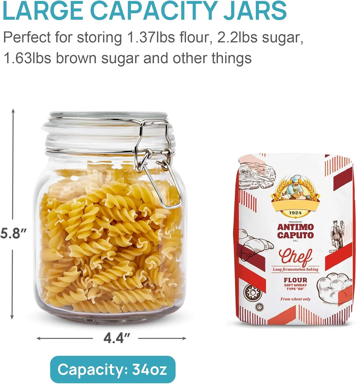 ظروف شیشه ای نگهداری مواد غذایی Vtopmart با درب های گیره دار هواگیر، بسته 3 عددی، ظروف آشپزخانه برای آرد، غلات، قهوه، پاستا و کنسرو، ظروف مربا مربع شکل با 8 برچسب تخته سیاه