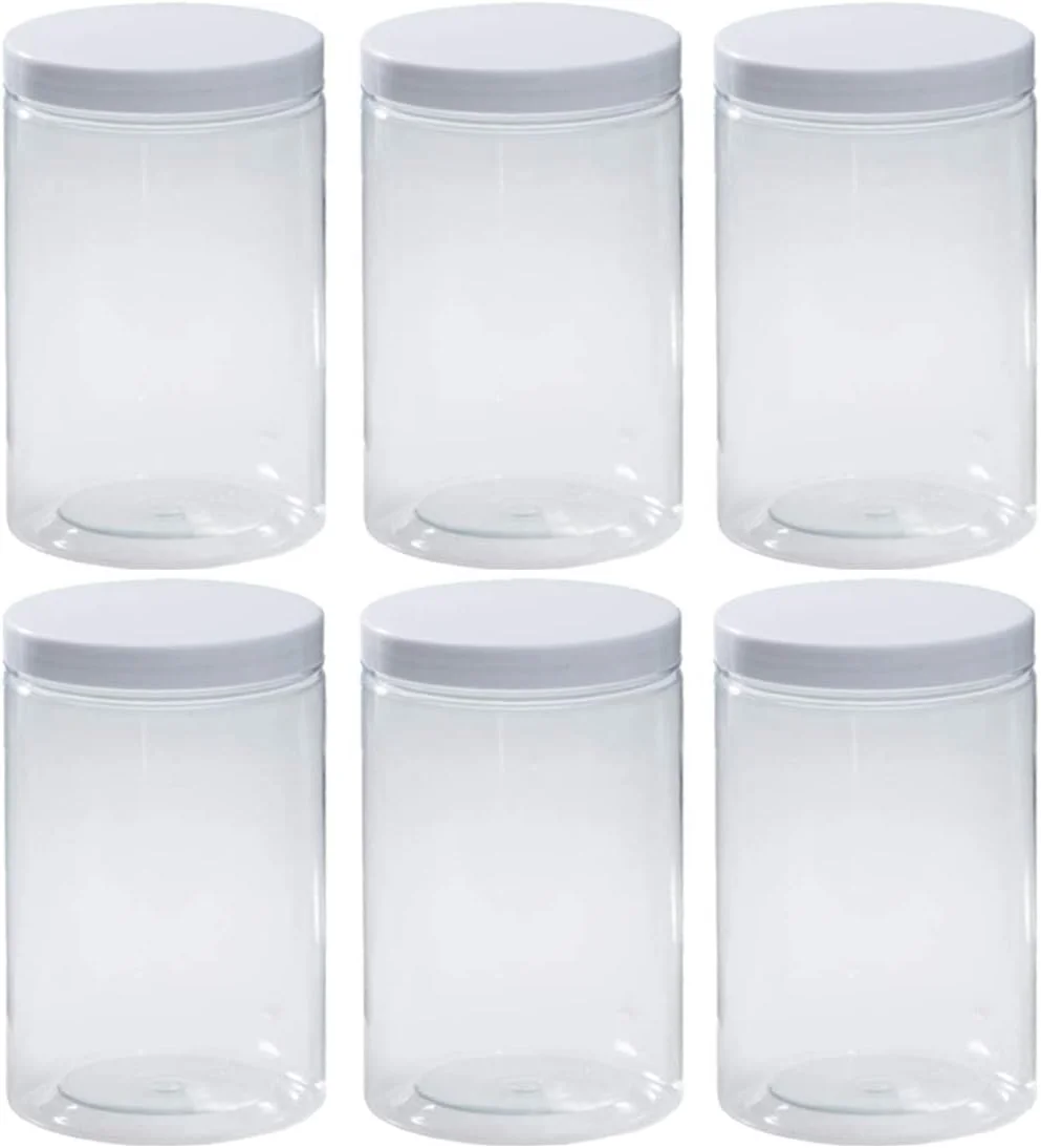 ست 6 عددی ظروف پلاستیکی شفاف VeleGO با حجم 1280 میلی لیتر (43 اونس) همراه با درب سفید صاف و برچسب، دهانه گشاد، بدون BPA، ظروف PET عمده برای سازماندهی و نگهداری مواد غذایی در خانه و آشپزخانه