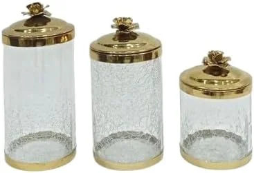 ست ۳ تایی ظروف نگهداری چند منظوره با درب طلایی - ظروف تزئینی، ضد هوا و شیک برای آشپزخانه، حمام و دکوراسیون منزل - ایده آل برای سازماندهی انبار و نمایش روی پیشخوان