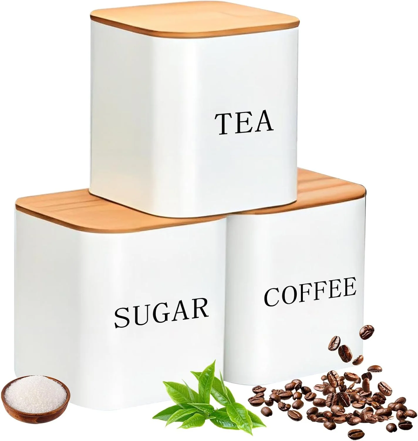 ست ۳ عددی ظروف نگهداری مربعی URbazaar، ظروف نگهداری شیک، ظروف چای مربعی کلاسیک با درب بامبو و محفظه هوا، مناسب برای قهوه، شکر و چای (سفید)