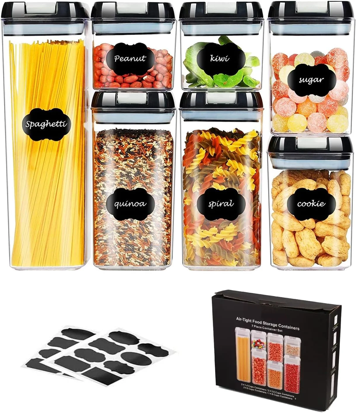 ست ظروف نگهداری مواد غذایی ۷ تکه VAODO، ظروف پلاستیکی سازمان دهنده آشپزخانه و کابینت با درب قفل دار، بدون BPA، مناسب برای غلات، مواد غذایی خشک، آرد و شکر، همراه با برچسب، مشکی