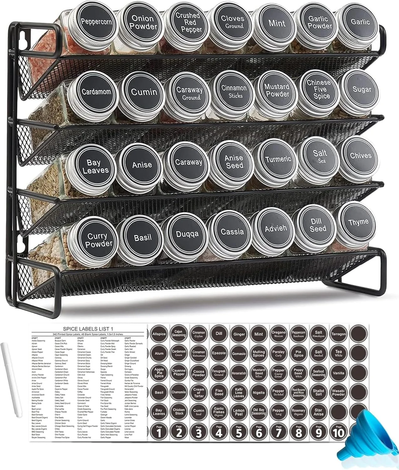 U-HOOME قفسه ادویه 4 طبقه برای کابینت، سازمان دهنده ادویه با 28 شیشه ادویه با درب، قیف، 386 برچسب ادویه، سازمان دهنده چاشنی برای روی میز، آشپزخانه، انبار، کابینت (قفسه با 28 شیشه)