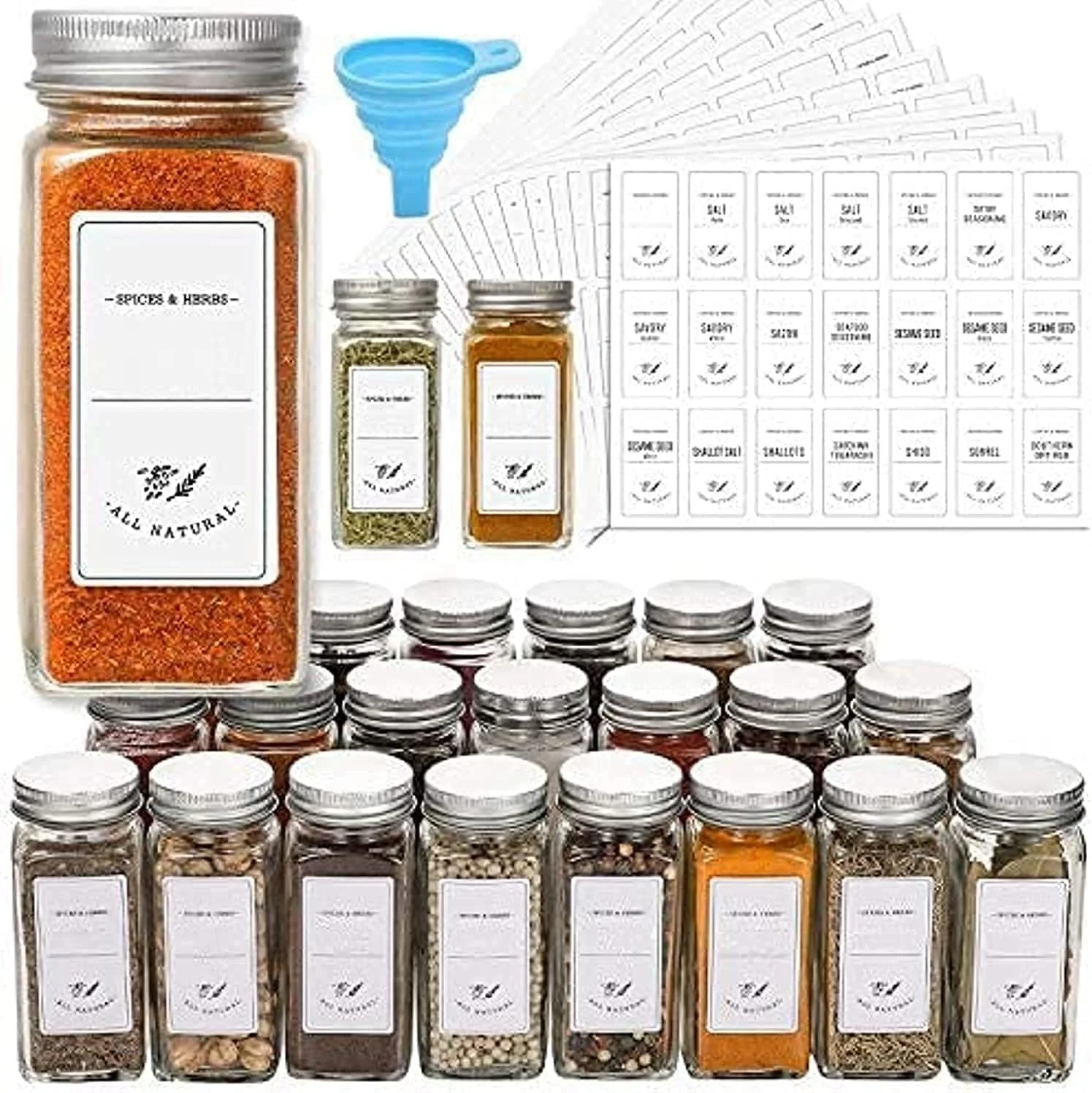 ست 24 تایی شیشه ادویه Valuex با 2 برگه برچسب - شیشه های خالی ادویه آشپزخانه با درب های شیکر، ظروف چاشنی، ظروف نگهداری ادویه، شیشه های خالی ادویه، سازماندهی ادویه