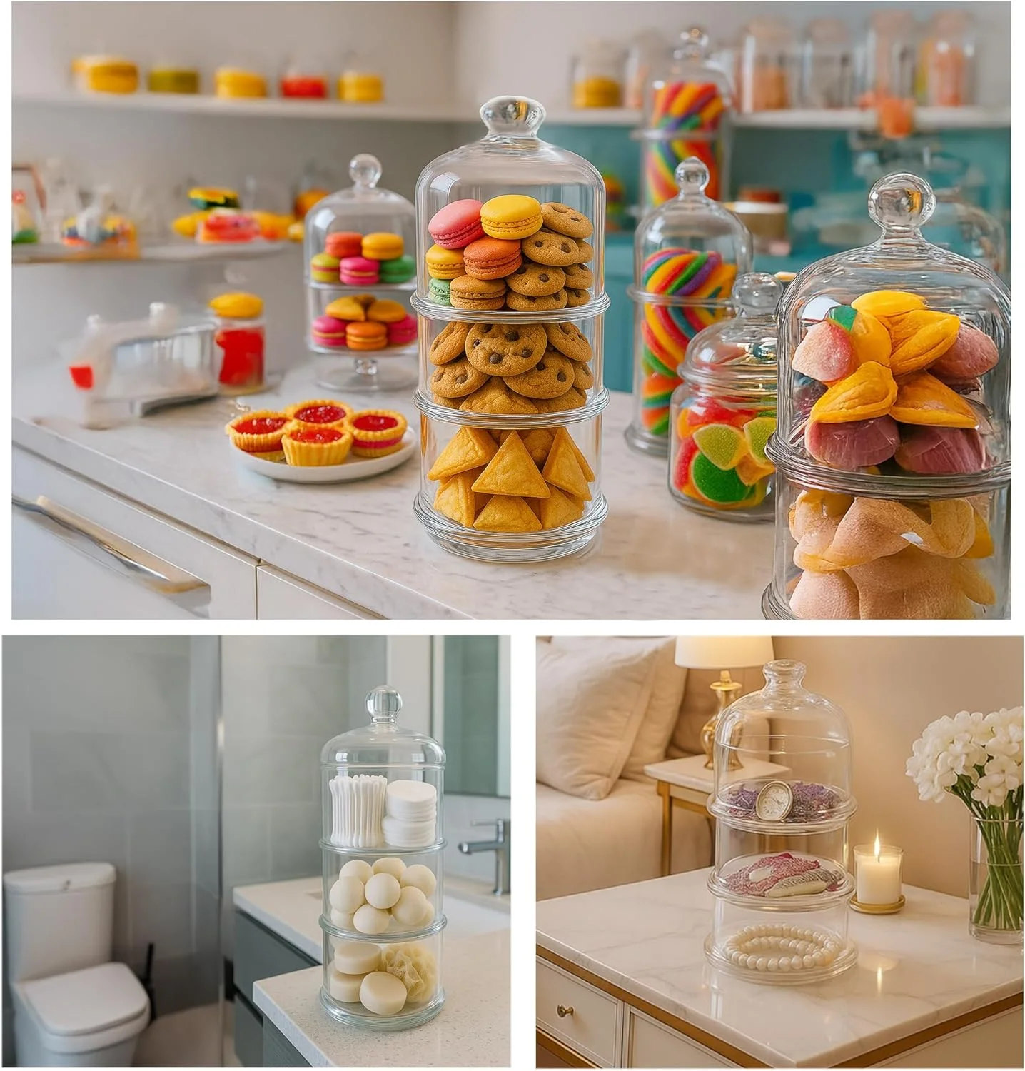 ظرف شیشه ای سه طبقه قابل انباشت یومز - ظروف شیشه ای شفاف داروخانه ای با درب - ظرف نگهداری و سازمان دهنده برای غذا، آب نبات، بیسکویت، کلوچه، سازمان دهنده آشپزخانه و حمام، ظروف شیشه ای انباری