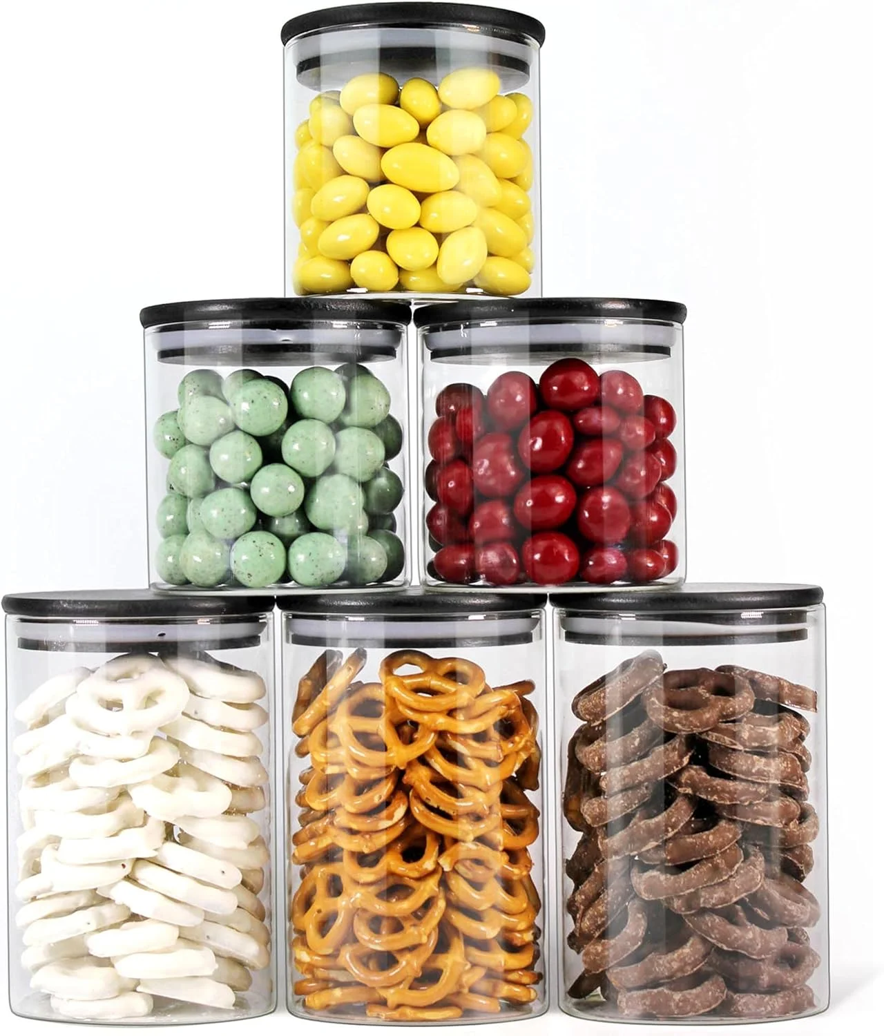 ظروف شیشه ای سبز شهری با درب بامبو مشکی، ظروف نگهداری مواد غذایی با درب های مشکی هواگیر، ست ظروف شیشه ای آشپزخانه (بسته 3 عددی 600 میلی لیتری + بسته 3 عددی 900 میلی لیتری)