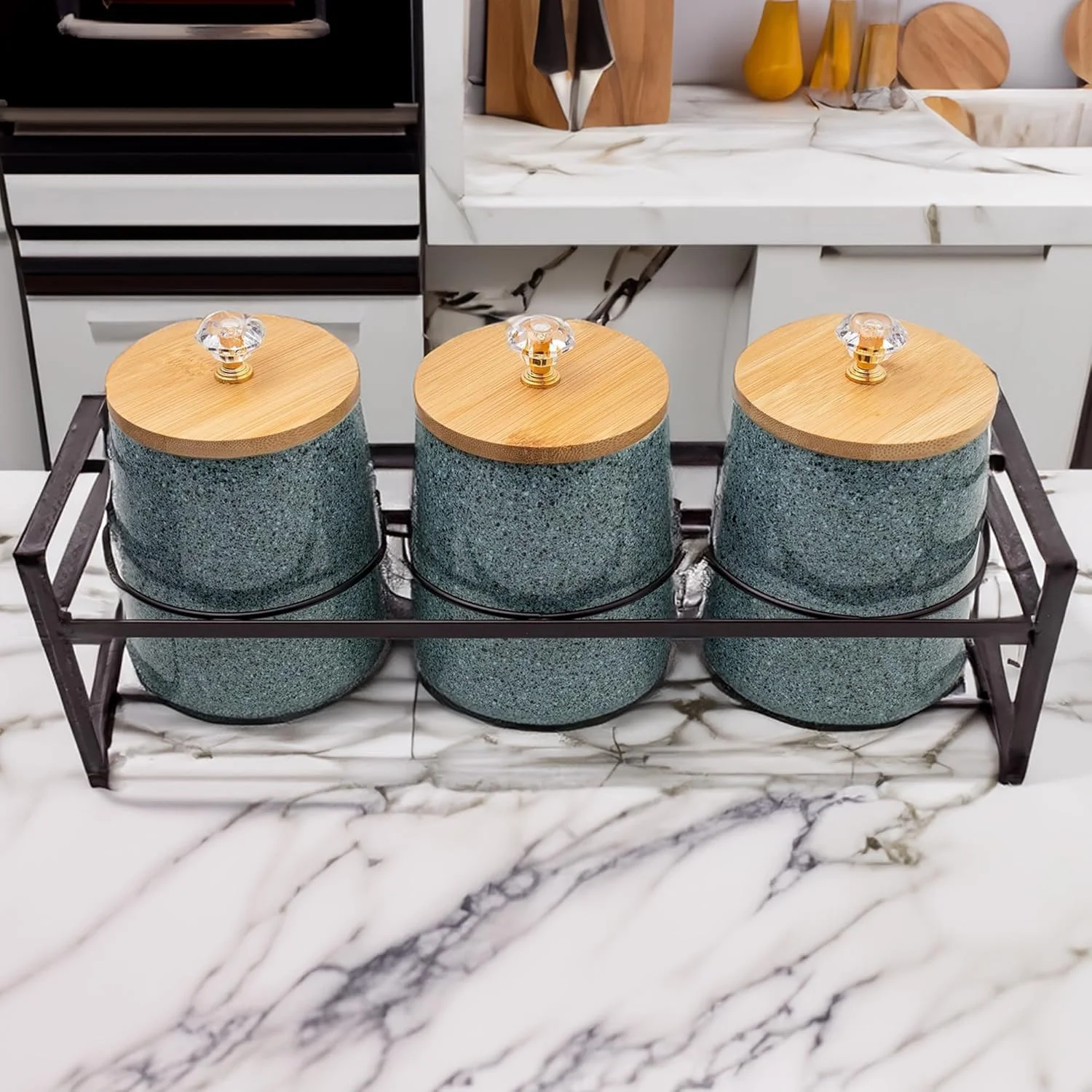 ظروف سرامیکی UMAI برای نگهداری مواد غذایی در آشپزخانه با درب بامبو و استند فلزی | ست 3 عددی | ظروف آشپزخانه درب دار | ظروف چند منظوره برای ترشی، میوه خشک، آجیل | 650 میلی لیتر | خاکستری