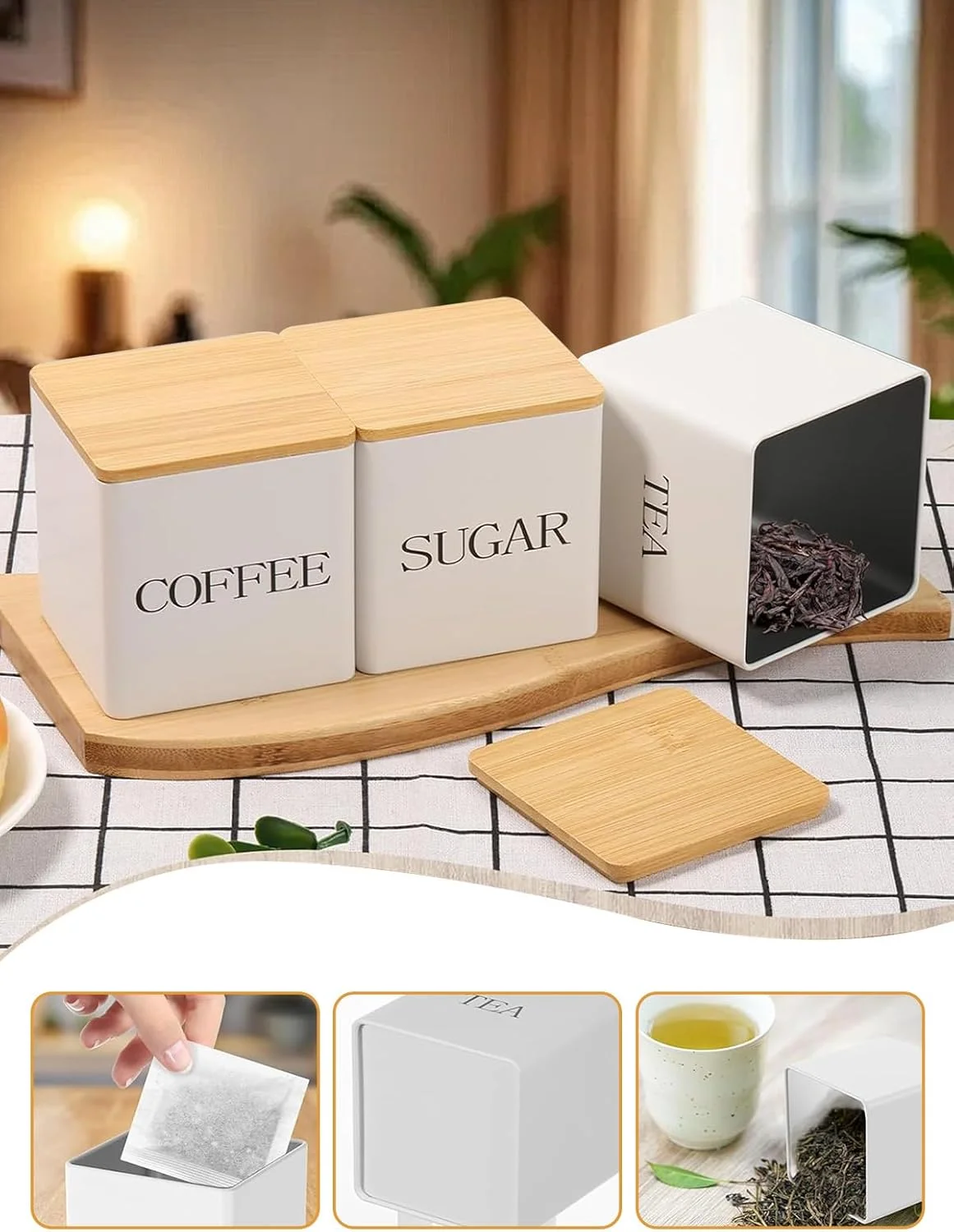 ست ۳ عددی ظروف نگهداری مربعی URbazaar، ظروف نگهداری شیک، ظروف چای مربعی کلاسیک با درب بامبو و محفظه هوا، مناسب برای قهوه، شکر و چای (سفید) ست ۳ عددی ظروف نگهداری مربعی URbazaar، ظروف نگهداری شیک، ظروف چای مربعی کلاسیک با درب بامبو و محفظه هوا، مناسب برای قهوه، شکر و چای (سفید)