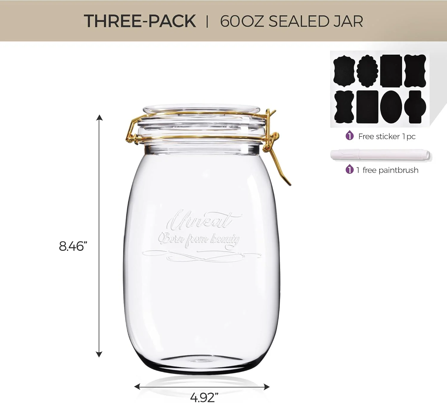 ظروف شیشه ای درب دار UINEAT، ظرف نگهداری مواد غذایی 1.9 لیتری، ست 3 عددی، مناسب برای سازماندهی و نگهداری آرد، غلات، پاستا، شکر، حبوبات، قهوه و کلوچه در آشپزخانه و انبار