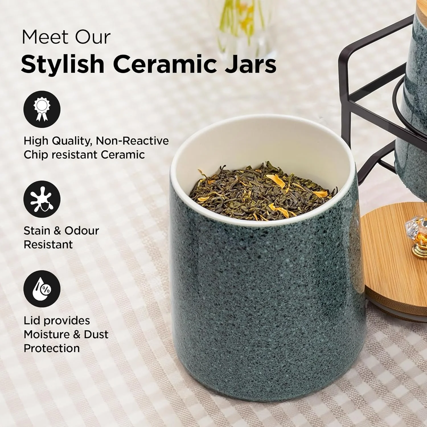 ظروف سرامیکی UMAI برای نگهداری مواد غذایی در آشپزخانه با درب بامبو و استند فلزی | ست 3 عددی | ظروف آشپزخانه درب دار | ظروف چند منظوره برای ترشی، میوه خشک، آجیل | 650 میلی لیتر | خاکستری