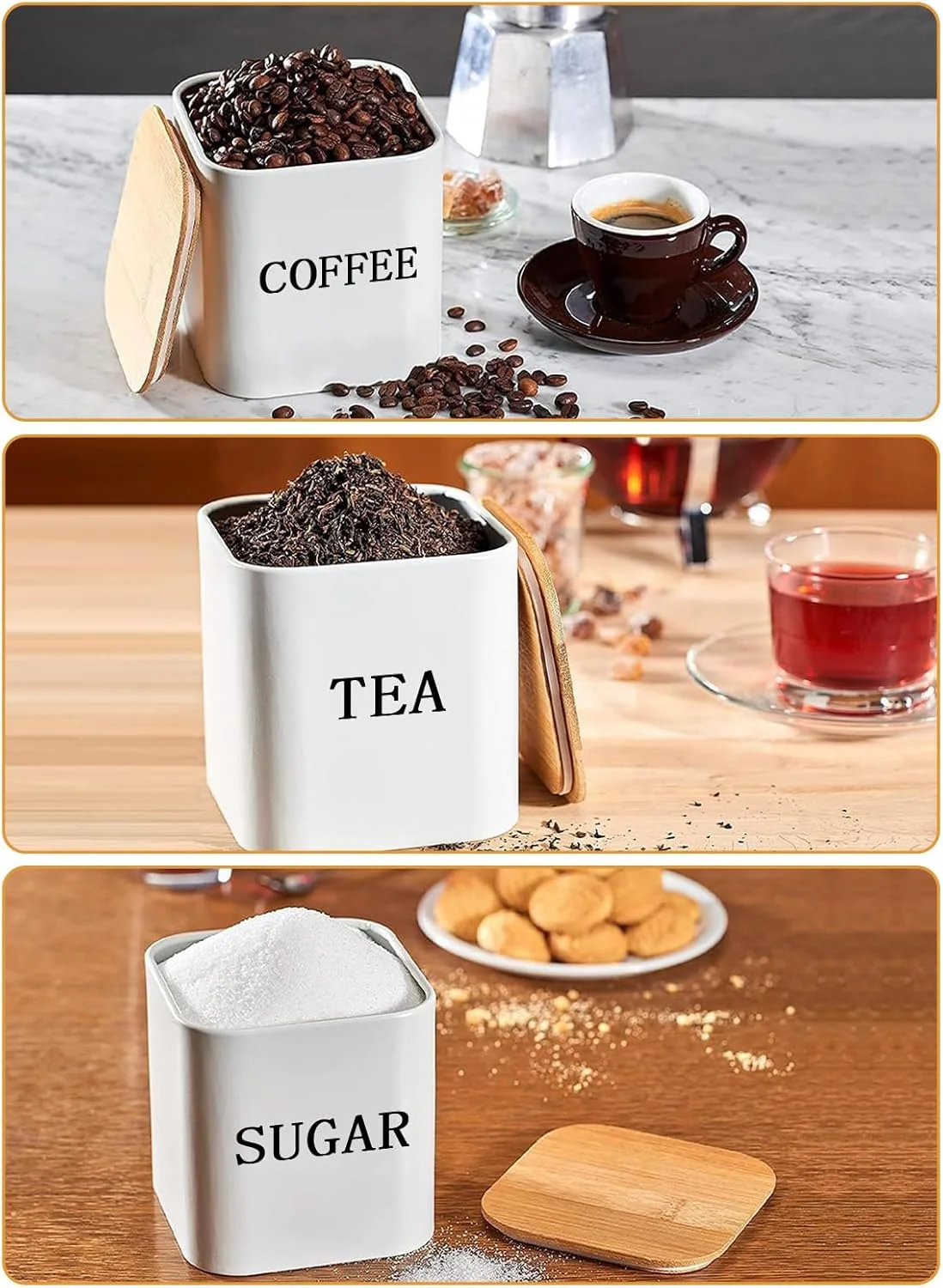 ست ۳ عددی ظروف نگهداری مربعی URbazaar، ظروف نگهداری شیک، ظروف چای مربعی کلاسیک با درب بامبو و محفظه هوا، مناسب برای قهوه، شکر و چای (سفید) ست ۳ عددی ظروف نگهداری مربعی URbazaar، ظروف نگهداری شیک، ظروف چای مربعی کلاسیک با درب بامبو و محفظه هوا، مناسب برای قهوه، شکر و چای (سفید)