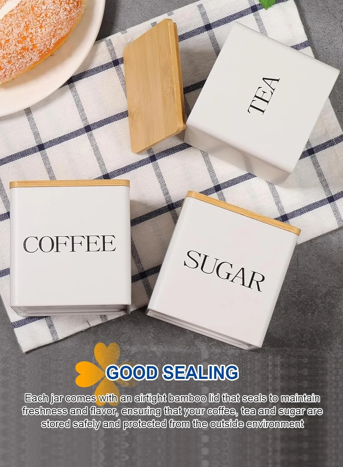 ست ۳ عددی ظروف نگهداری مربعی URbazaar، ظروف نگهداری شیک، ظروف چای مربعی کلاسیک با درب بامبو و محفظه هوا، مناسب برای قهوه، شکر و چای (سفید) ست ۳ عددی ظروف نگهداری مربعی URbazaar، ظروف نگهداری شیک، ظروف چای مربعی کلاسیک با درب بامبو و محفظه هوا، مناسب برای قهوه، شکر و چای (سفید)