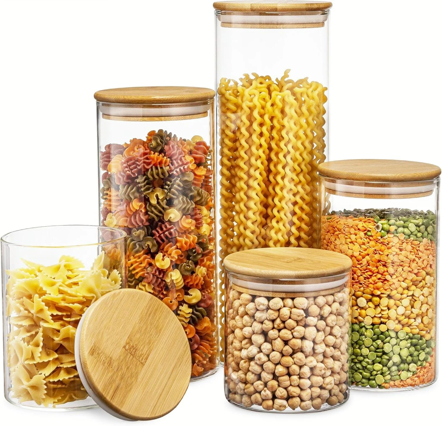 ظروف شیشه ای ذخیره سازی U-HOOME، بسته 5 عددی ظروف شفاف شیشه ای نگهداری مواد غذایی با درب بامبو هواگیر، ظروف آشپزخانه قابل چیدن برای آب نبات، کلوچه، برنج، شکر، پاستا، آجیل و ادویه جات، سازماندهی انباری