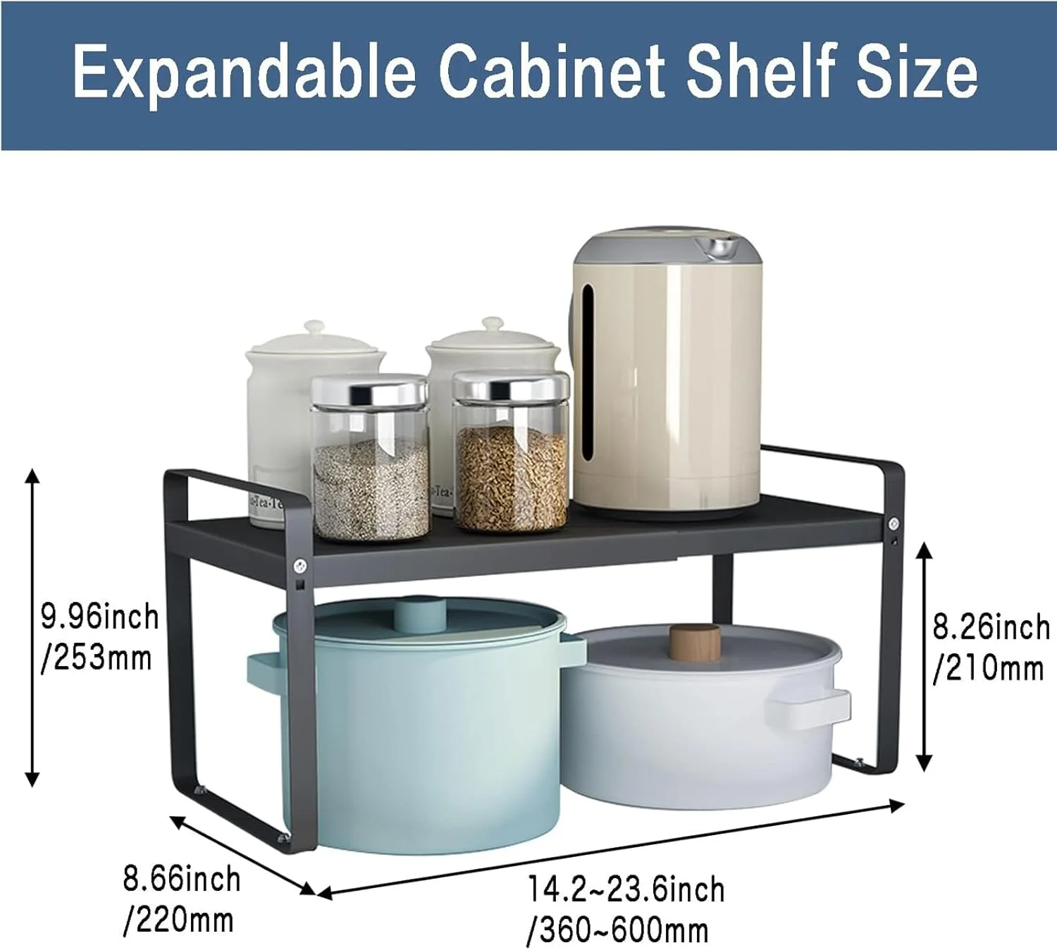 قفسه کابینت قابل گسترش U-HOOME، قفسه سازمان دهنده کابینت آشپزخانه، قفسه ادویه ایستاده کابینت، قفسه های انباری بشقاب سنگین قابل انباشت برای آشپزخانه حمام (مشکی)