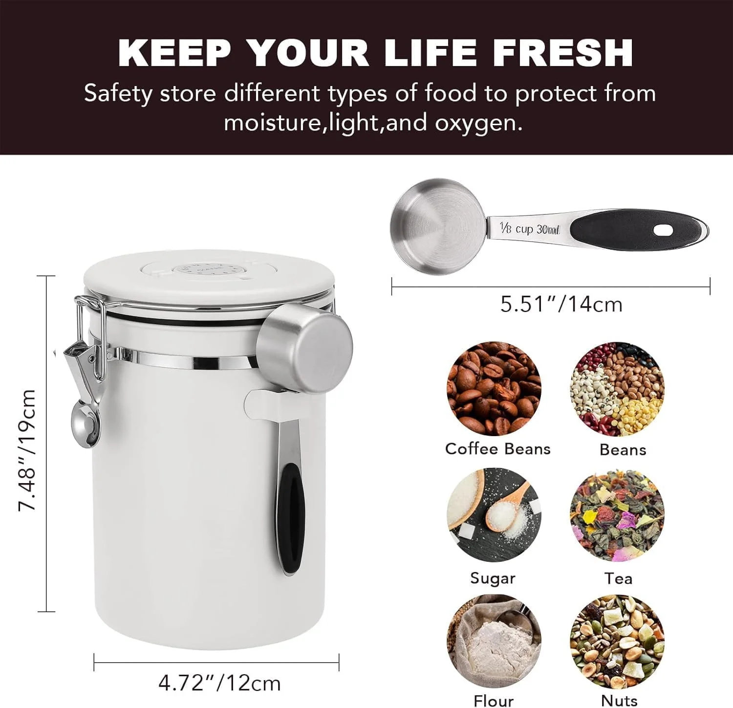 ظرف قهوه U-HOOME، محفظه نگهداری مواد غذایی و دانه های قهوه از جنس استیل ضد زنگ به همراه پیمانه و نشانگر تاریخ برای قهوه آسیاب شده، دانه های قهوه، چای، آرد، غلات و شکر، 650 میلی لیتر (سفید-B)