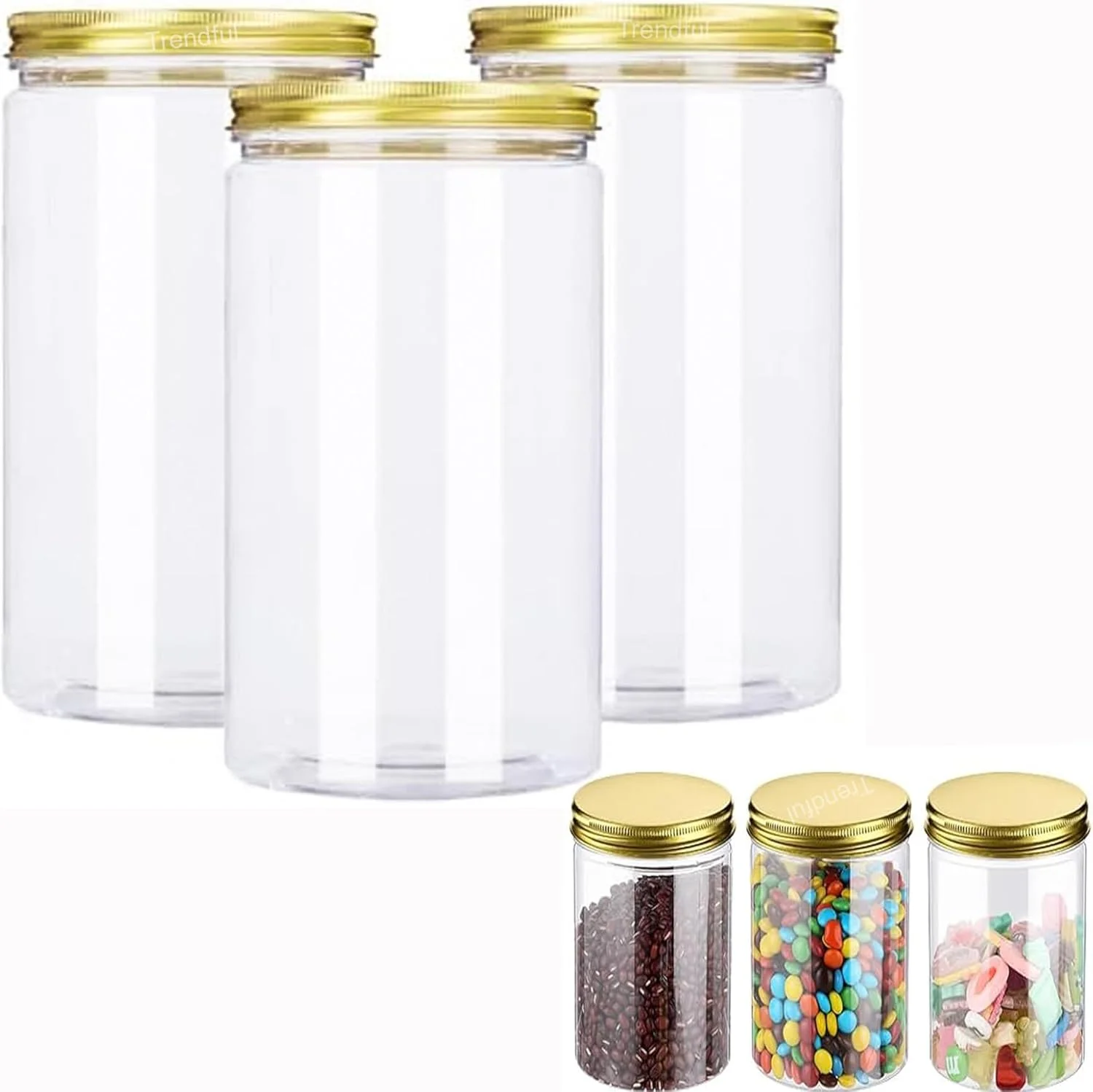 ظروف پلاستیکی شفاف Trendful با درب، ظروف گرد بدون BPA با دهانه گشاد، ایده آل برای آشپزخانه، انبار، ادویه جات، اسلایم و مصارف خانگی (درب طلایی) (3 عدد، 750 میلی لیتر)
