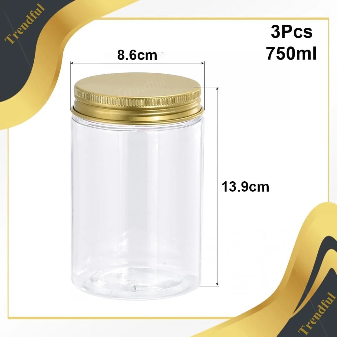 ظروف پلاستیکی شفاف Trendful با درب، ظروف گرد بدون BPA با دهانه گشاد، ایده آل برای آشپزخانه، انبار، ادویه جات، اسلایم و مصارف خانگی (درب طلایی) (3 عدد، 750 میلی لیتر)