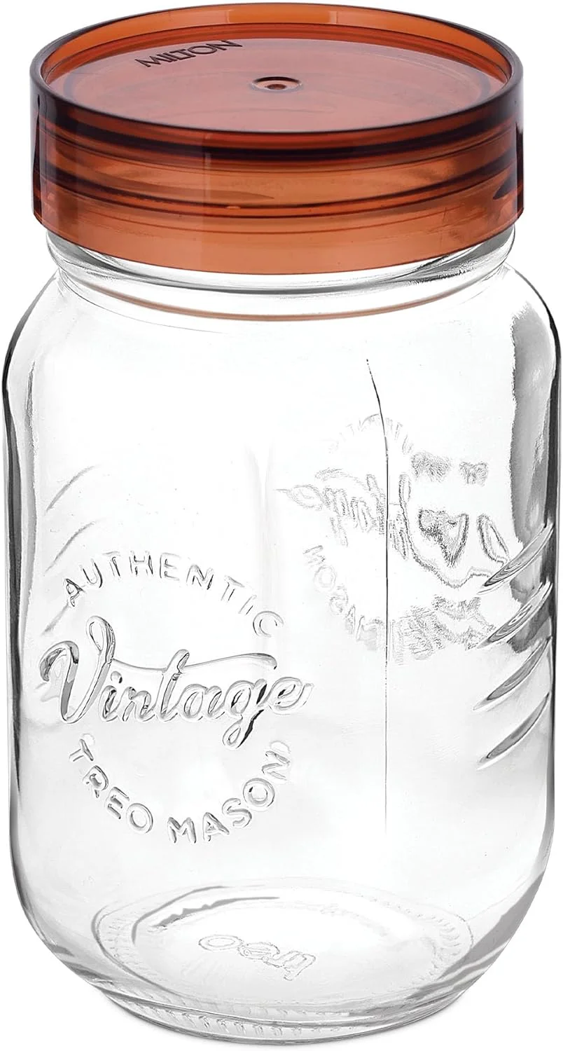 ظرف شیشه ای درب دار Treo By Milton Vintage، ظرف نگهداری شیشه ای آشپزخانه، بدون BPA، سازمان دهنده شفاف، دابای چند منظوره برای غذا، ادویه، غلات، کلوچه، غذای خشک، 2000 میلی لیتر