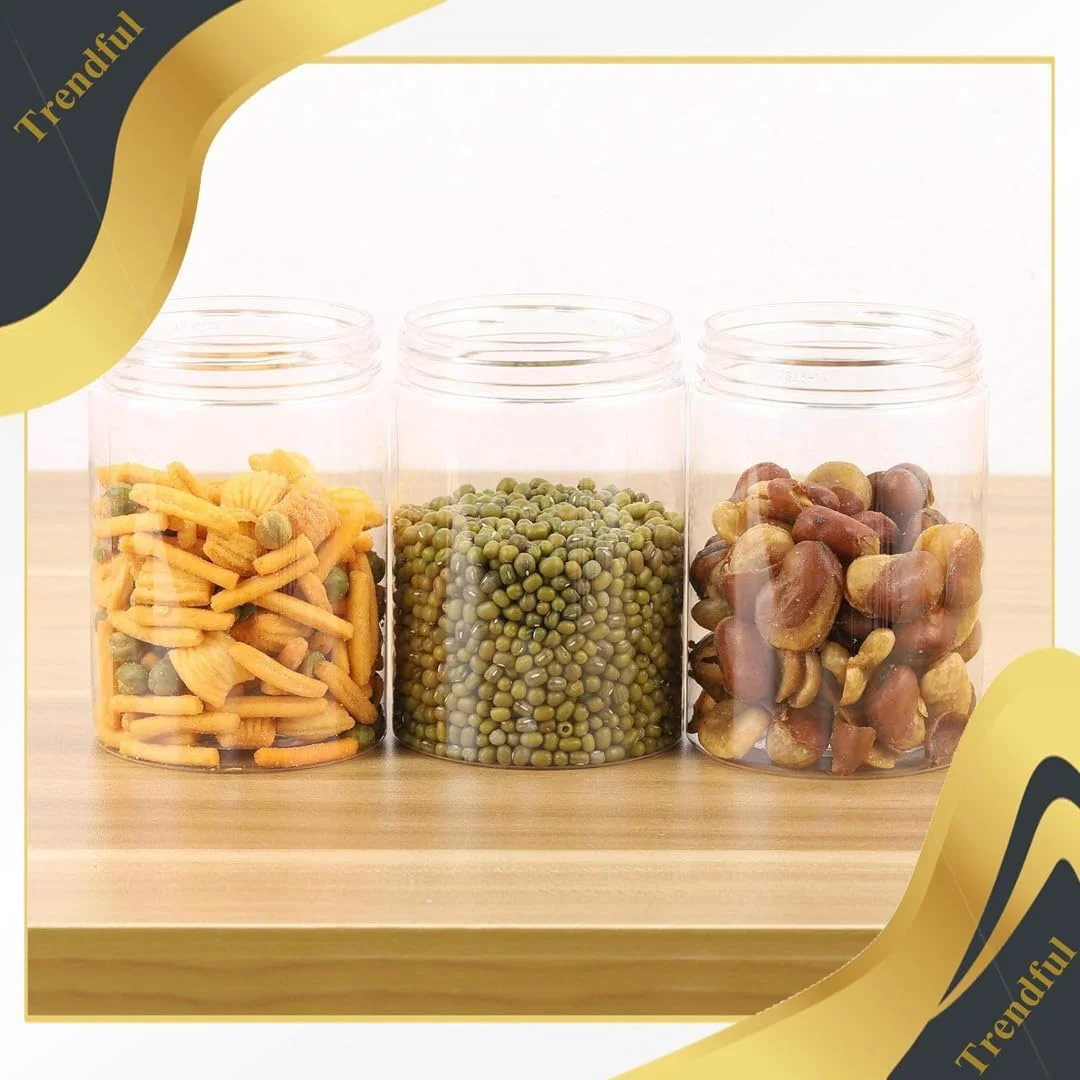 ظروف پلاستیکی شفاف Trendful با درب، ظروف گرد بدون BPA با دهانه گشاد، ایده آل برای آشپزخانه، انبار، ادویه جات، اسلایم و مصارف خانگی (درب طلایی) (3 عدد، 750 میلی لیتر)