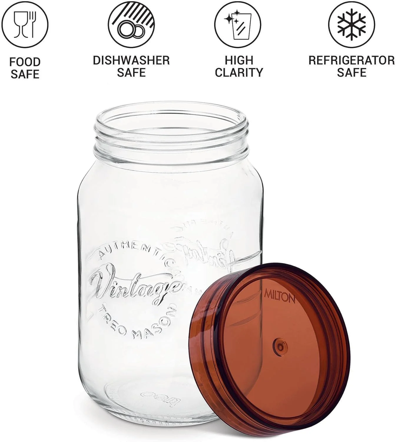 ظرف شیشه ای درب دار Treo By Milton Vintage، ظرف نگهداری شیشه ای آشپزخانه، بدون BPA، سازمان دهنده شفاف، دابای چند منظوره برای غذا، ادویه، غلات، کلوچه، غذای خشک، 2000 میلی لیتر