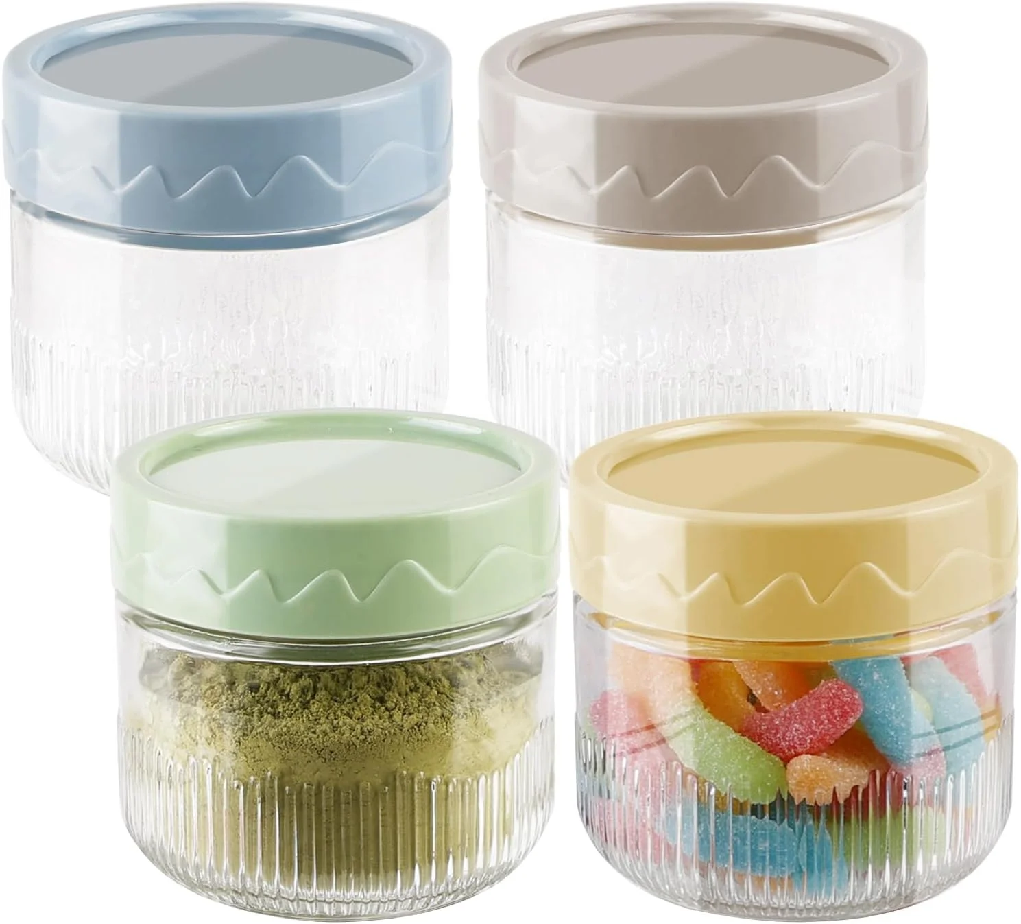 ظروف شیشه ای ذخیره سازی مواد غذایی TERRIFI با درب های محکم، 4 بسته شیشه های میسون با درب های پیچی برای آشپزخانه، جو دوسر، سالاد، ادویه، آب نبات، مربا، چاشنی، ظروف کوچک آماده سازی غذا