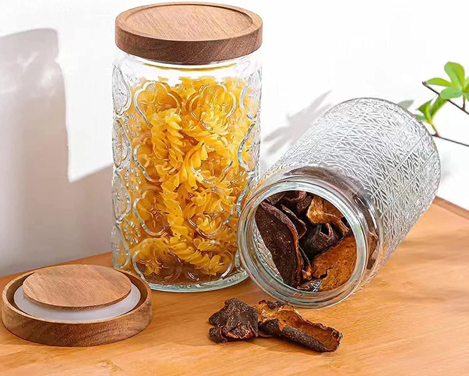 ظروف شیشه ای قدیمی TERRIFI، ست 2 عددی ظروف شیشه ای درب دار چوبی، ظروف نگهداری مواد غذایی آشپزخانه، برای پیشخوان آشپزخانه، انبار، چای، شکر، دانه های قهوه چای، آرد، ظرف نگهداری مواد غذایی