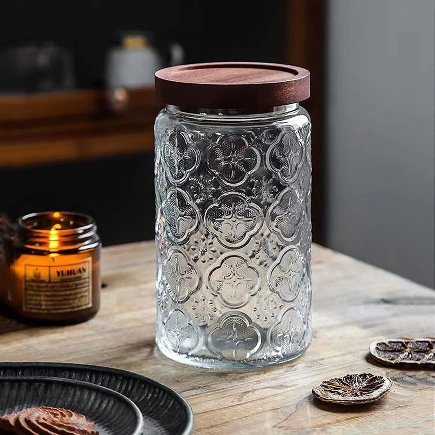 ظروف شیشه ای قدیمی TERRIFI، ست 2 عددی ظروف شیشه ای درب دار چوبی، ظروف نگهداری مواد غذایی آشپزخانه، برای پیشخوان آشپزخانه، انبار، چای، شکر، دانه های قهوه چای، آرد، ظرف نگهداری مواد غذایی