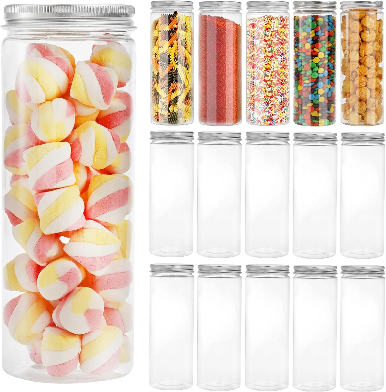 ظروف ادویه پلاستیکی تبری، بسته 16 عددی، بطری و ظروف درب دار 500 میلی لیتری استوانه ای شفاف برای نگهداری مواد غذایی و مصارف خانگی