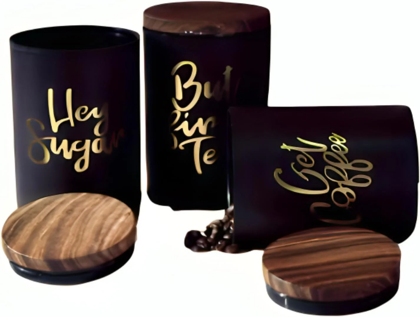 ست 3 تایی ظروف چای، قهوه و شکر - ظروف نگهداری مشکی با درب بامبو - سازمان دهنده تزئینی آشپزخانه برای دانه های قهوه، چای، شکر و ادویه جات - ظروف نگهداری مواد غذایی درب دار