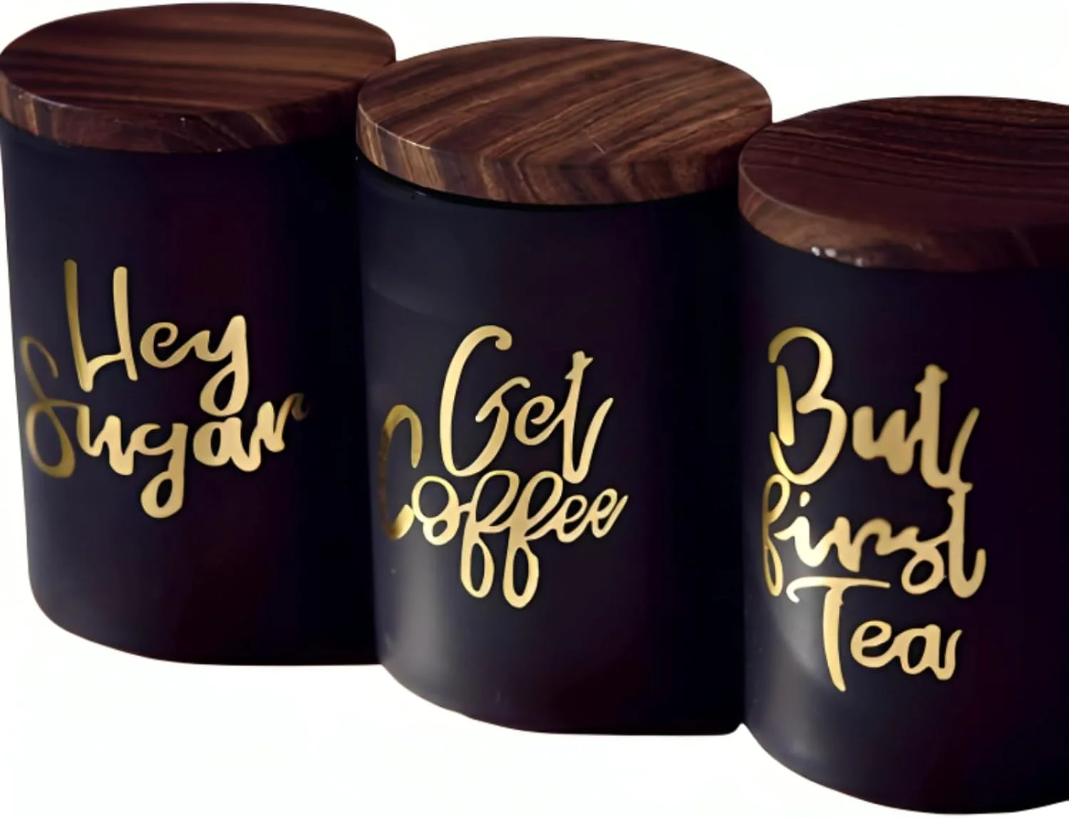 ست 3 تایی ظروف چای، قهوه و شکر - ظروف نگهداری مشکی با درب بامبو - سازمان دهنده تزئینی آشپزخانه برای دانه های قهوه، چای، شکر و ادویه جات - ظروف نگهداری مواد غذایی درب دار