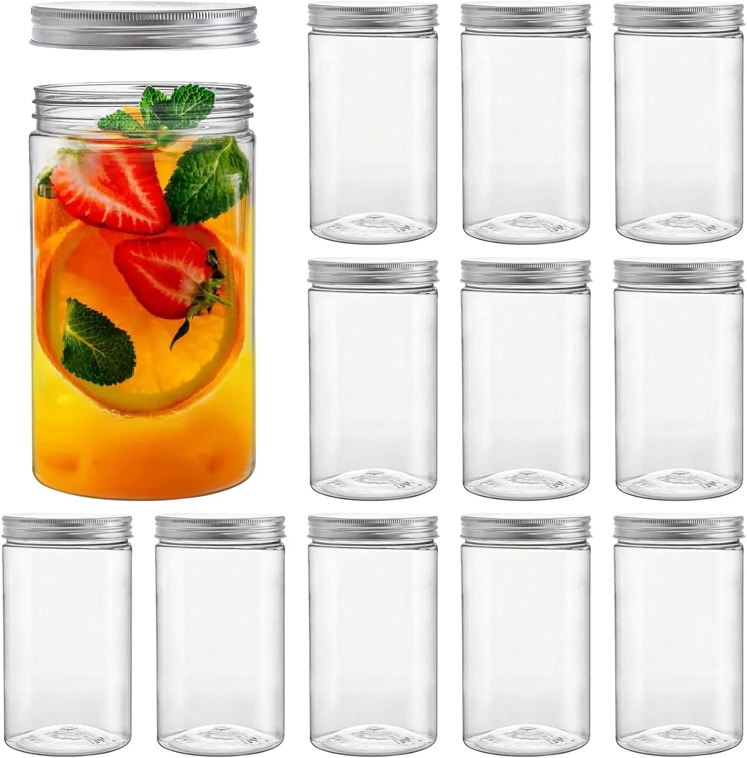 مجموعه 12 عددی بطری و ظروف پلاستیکی شفاف گرد Tebery با درب های نقره ای راه راه، استوانه های مستقیم 30 اونسی برای نگهداری مواد غذایی و لوازم منزل