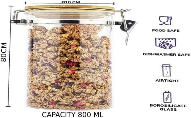 ست 3 تایی ظروف شیشه ای نگهداری مواد غذایی با درب گیره ای چوبی - ظرف تزئینی و نظم دهنده برای مواد غذایی - ظرف حبوبات مدرن و معاصر مناسب آشپزخانه - 800 میلی لیتر، 1000 میلی لیتر، 1400 میلی لیتر