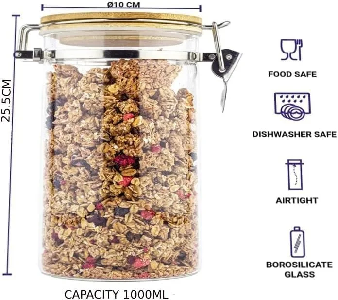 ست 3 تایی ظروف شیشه ای نگهداری مواد غذایی با درب گیره ای چوبی - ظرف تزئینی و نظم دهنده برای مواد غذایی - ظرف حبوبات مدرن و معاصر مناسب آشپزخانه - 800 میلی لیتر، 1000 میلی لیتر، 1400 میلی لیتر