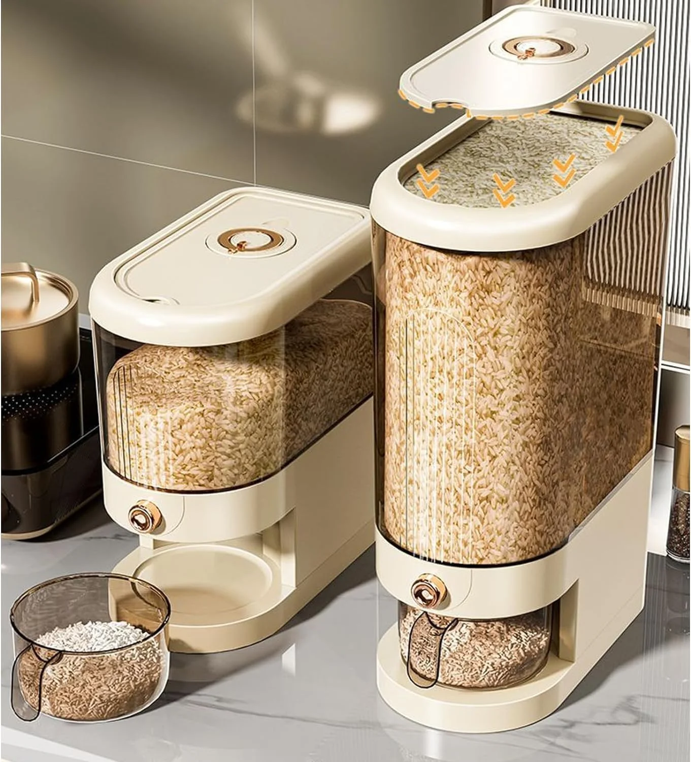 ظرف نگهداری برنج TAME، ظروف ذخیره سازی برنج، ظرف بزرگ برنج با پیمانه اندازه گیری، ظرف نگهداری غلات مهر و موم شده با درب برای انبار آشپزخانه منزل، مناسب برای برنج و ذرت (5 کیلوگرم)