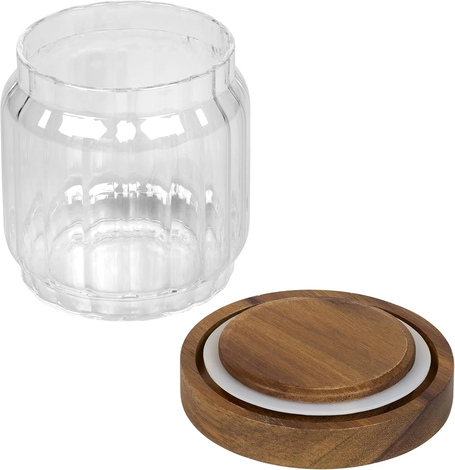 ظرف شیشه ای آجدار تالا با درب چوبی اقاقیا، ظروف آشپزخانه شیک و بدون هوا برای مواد خشک، چای، قهوه، شکر، پاستا و غیره، ظروف شیشه ای شفاف برای آشپزخانه های مدرن، 400 میلی لیتر