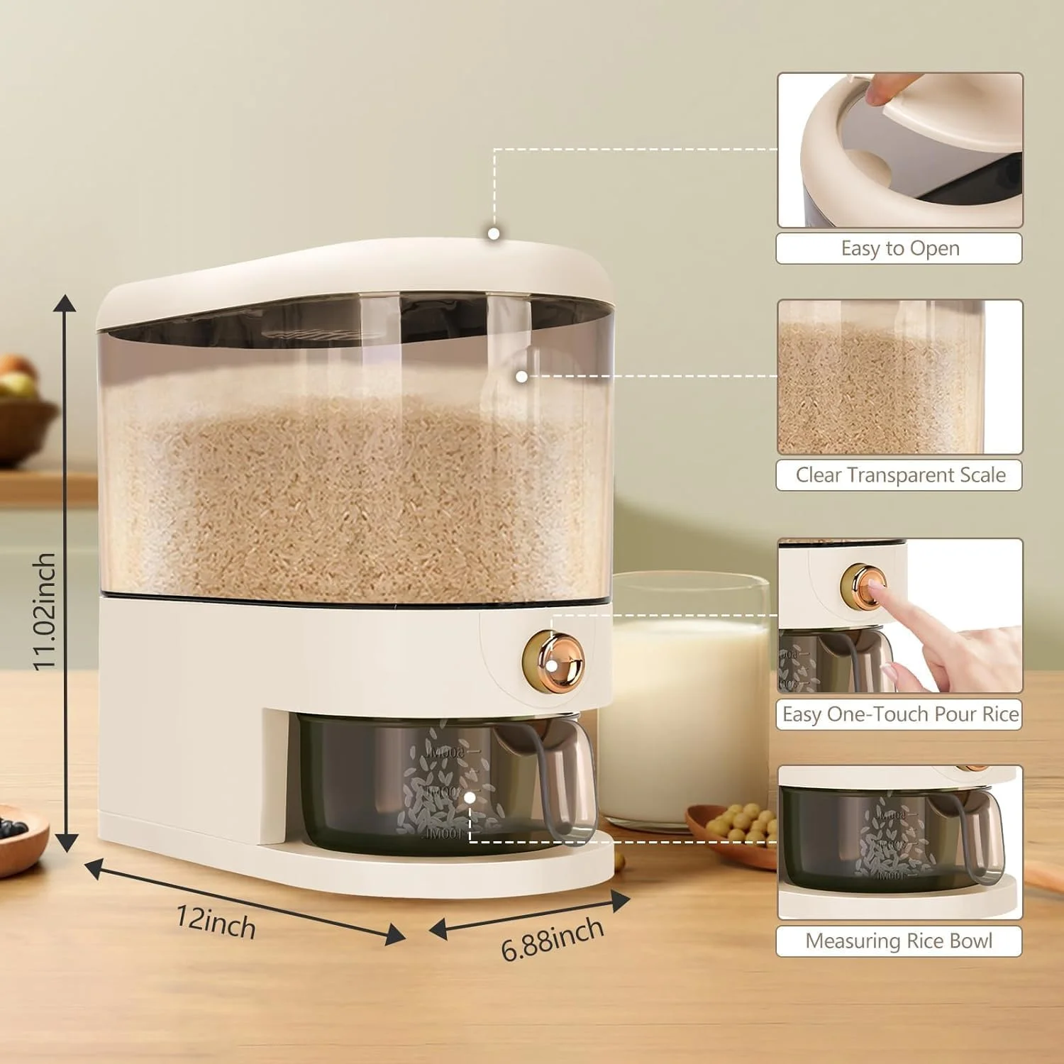 ظرف نگهداری برنج TAME، ظروف ذخیره سازی برنج، ظرف بزرگ برنج با پیمانه اندازه گیری، ظرف نگهداری غلات مهر و موم شده با درب برای انبار آشپزخانه منزل، مناسب برای برنج و ذرت (5 کیلوگرم)