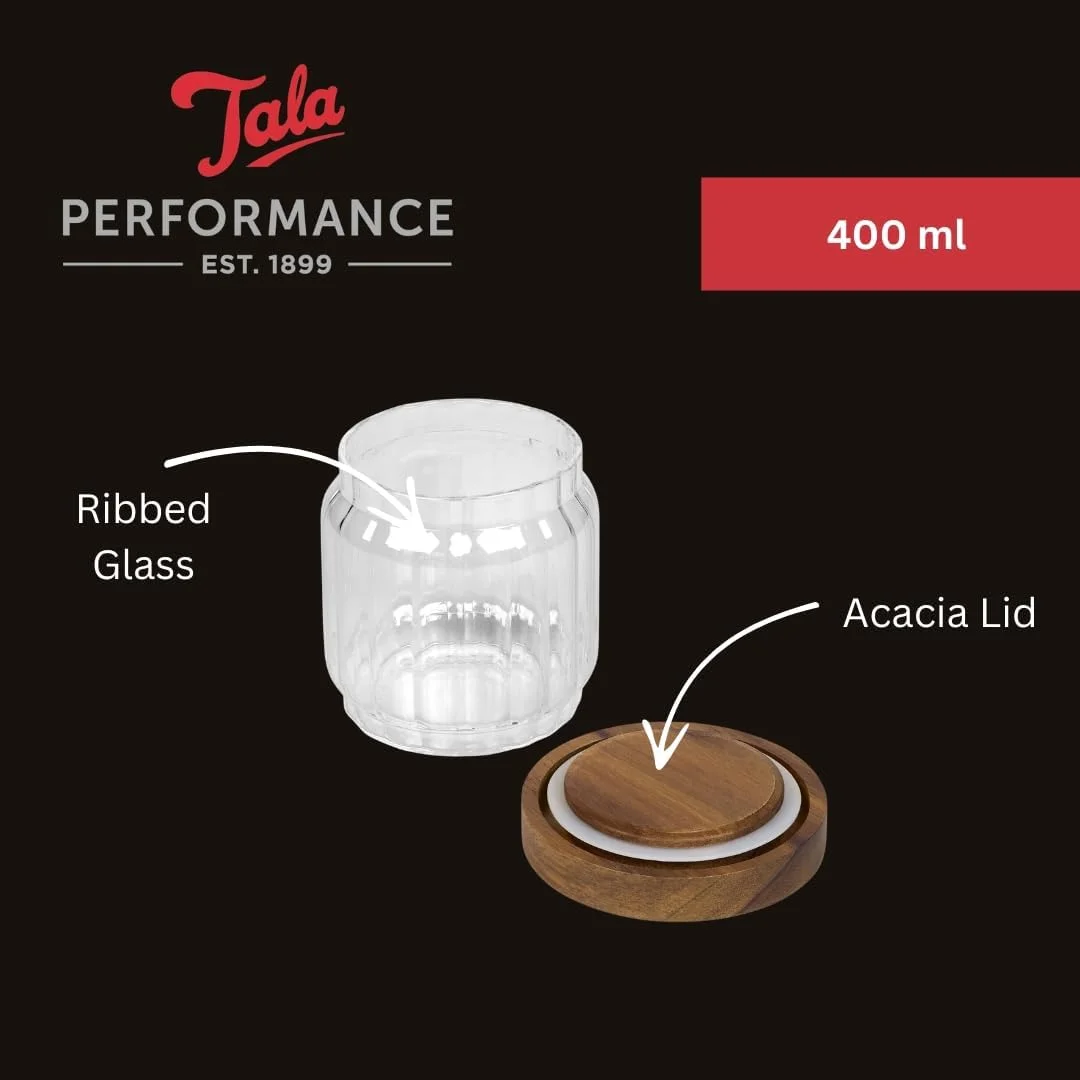 ظرف شیشه ای آجدار تالا با درب چوبی اقاقیا، ظروف آشپزخانه شیک و بدون هوا برای مواد خشک، چای، قهوه، شکر، پاستا و غیره، ظروف شیشه ای شفاف برای آشپزخانه های مدرن، 400 میلی لیتر