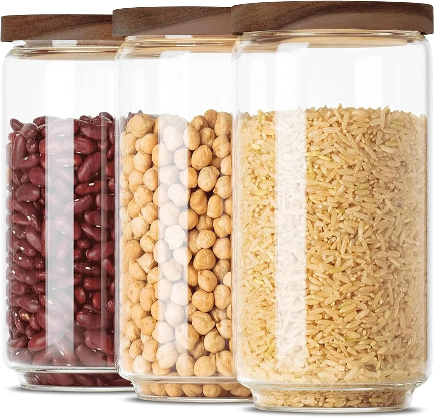 ست 3 عددی ظروف شیشه ای ذخیره سازی TANEMUDO، ظرفیت 950 میلی لیتر، ظروف شفاف حبوبات و مواد غذایی با درب چوبی آکاسیا و مهر و موم هوا برای نگهداری پاستا، اسپاگتی و قهوه در آشپزخانه