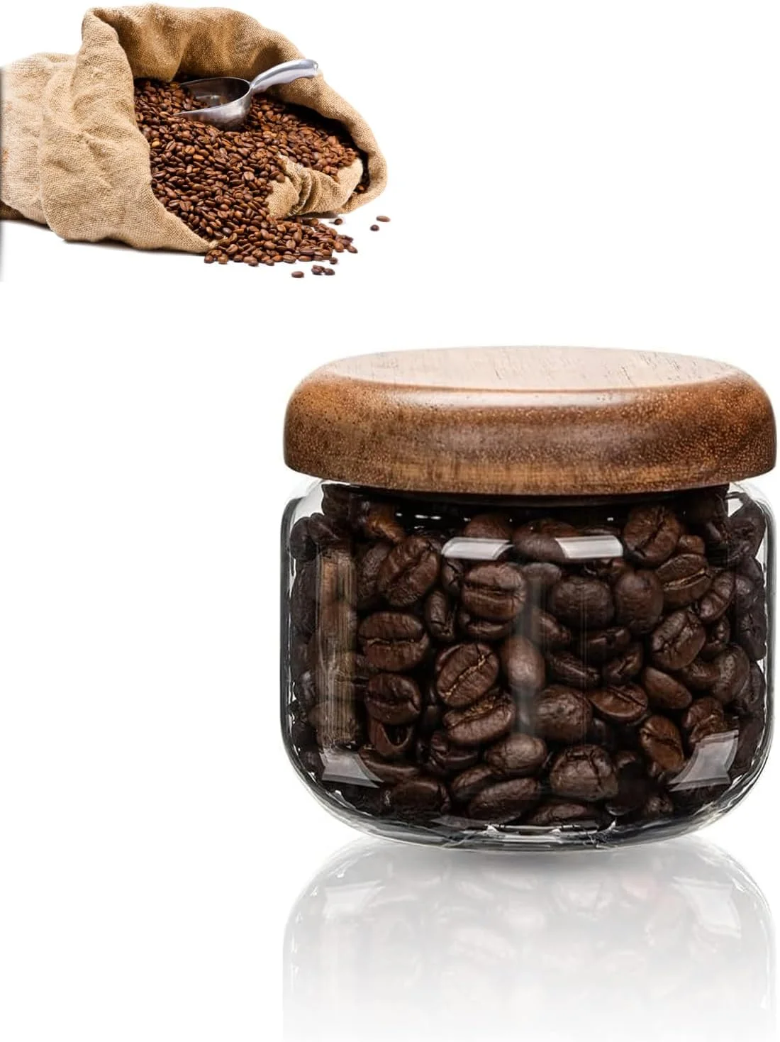 ظروف شیشه ای نگهداری مواد غذایی SWIUKPHE با درب چوبی - شیشه های کوچک قهوه - سازماندهی انبار برای جو دوسر شبانه، غلات، برنج، آبنبات 300 میلی لیتر