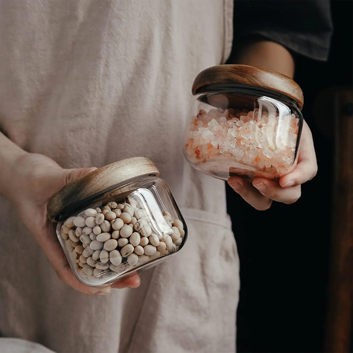 ظروف شیشه ای نگهداری مواد غذایی SWIUKPHE با درب چوبی - شیشه های کوچک قهوه - سازماندهی انبار برای جو دوسر شبانه، غلات، برنج، آبنبات 300 میلی لیتر