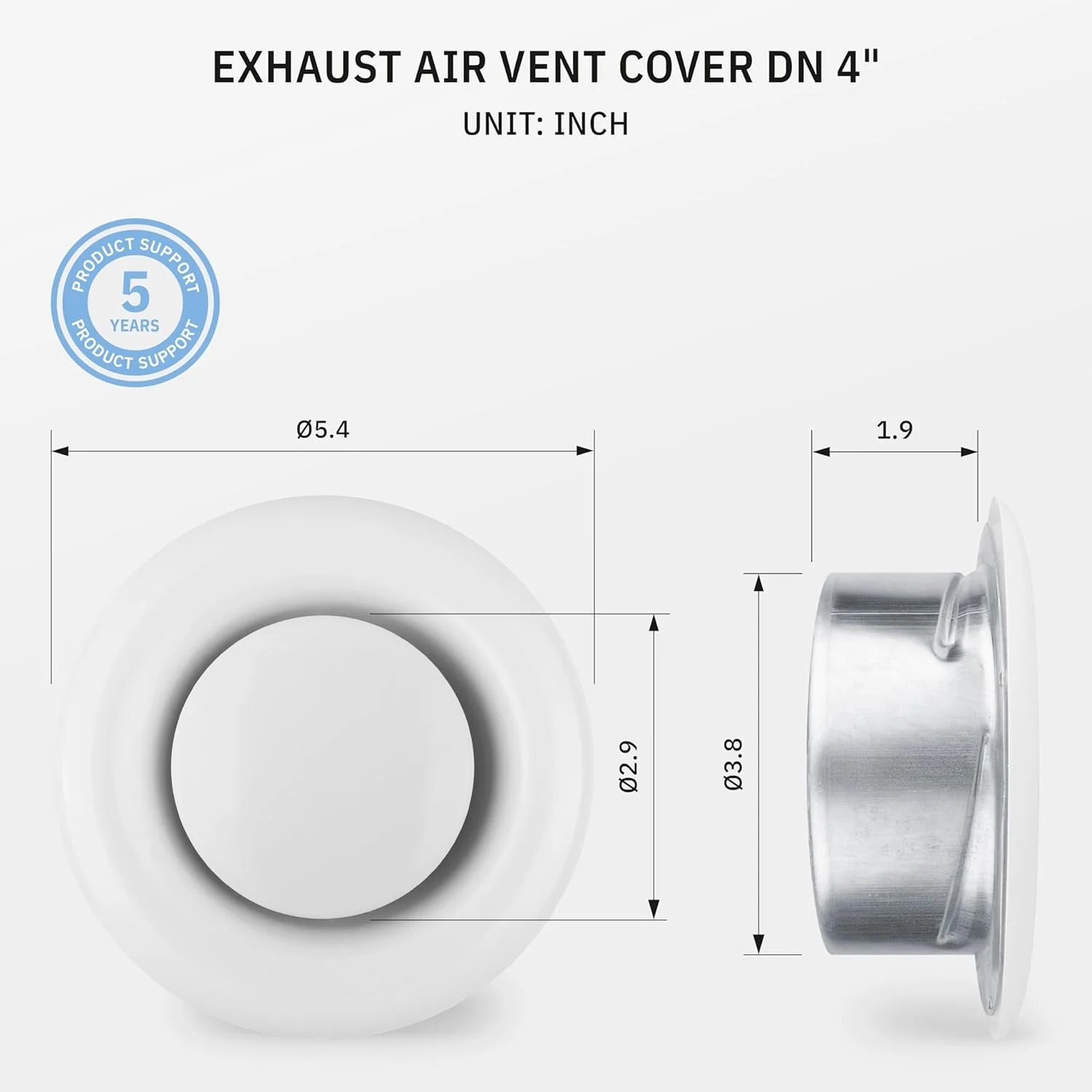 دریچه هوا کالیماایرو® TVSA سایز 4 اینچ، گرد، قابل تنظیم، فولادی، دریچه هواکش، دریچه خروجی هوا، مناسب برای حمام، دریچه کانال هوا، گریل، سفید RAL 9016، HVAC