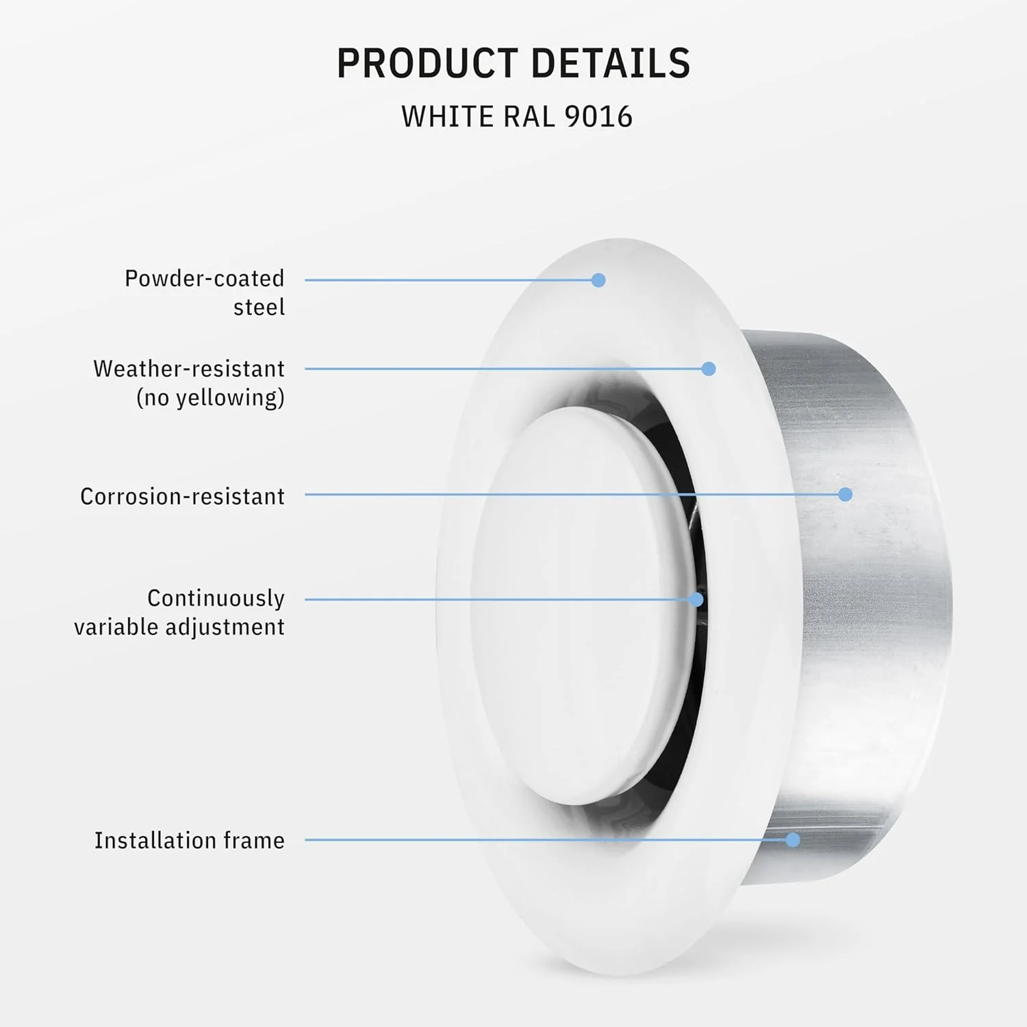 دریچه هوا کالیماایرو® TVSA سایز 4 اینچ، گرد، قابل تنظیم، فولادی، دریچه هواکش، دریچه خروجی هوا، مناسب برای حمام، دریچه کانال هوا، گریل، سفید RAL 9016، HVAC