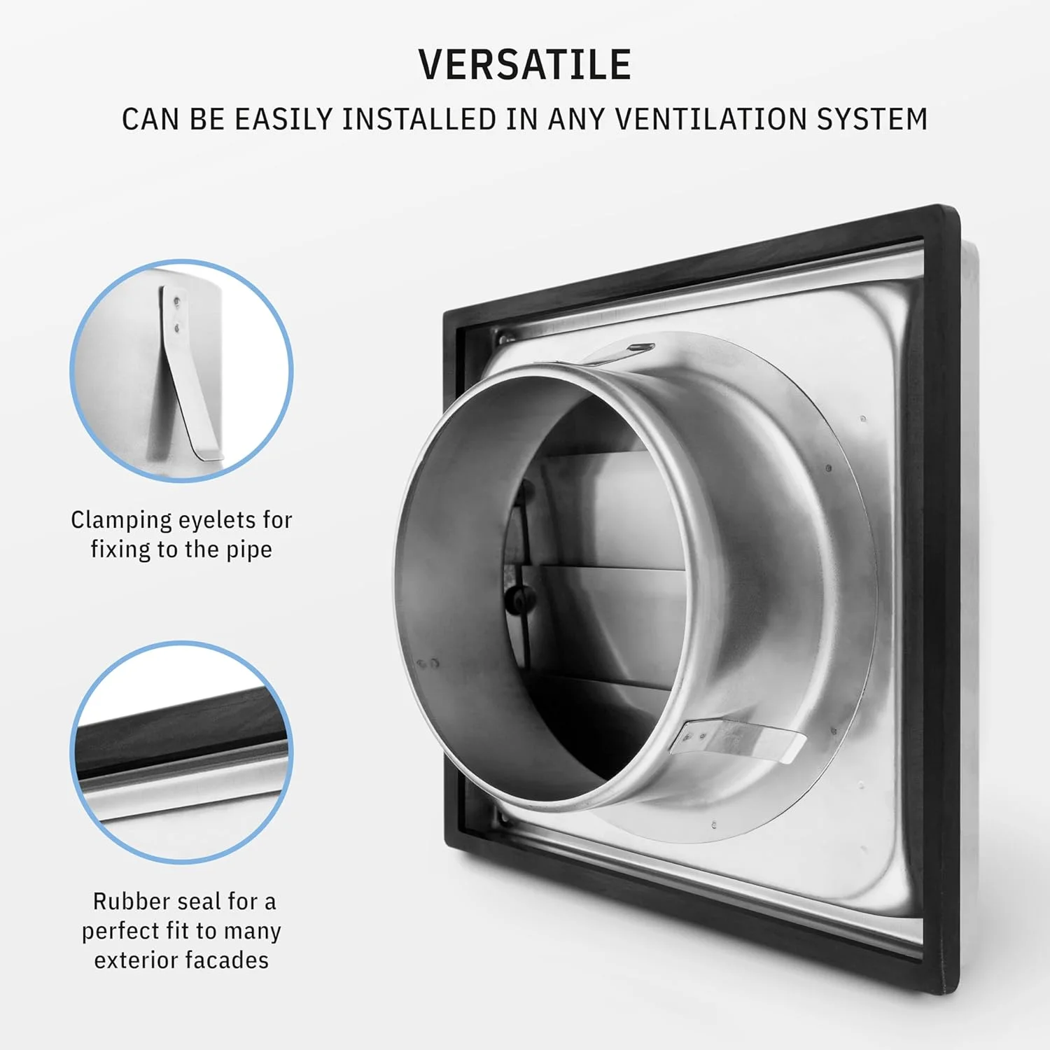 دریچه تهویه خشک کن کالیماایرو VKE سایز 6 اینچ - توری استیل ضد زنگ بیرونی با فلپ های متحرک - فقط مناسب برای کانال های فلزی برای سیستم های HVAC و خشک کن