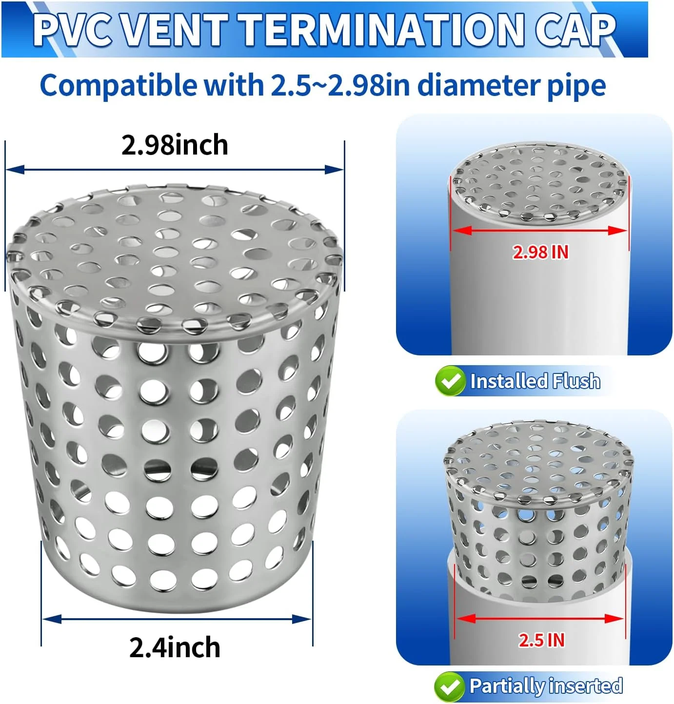پوشش توری محافظ دریچه تهویه PVC Boltigen، فیلتر محافظ ناودان استیل ضد زنگ، صافی مخروطی پوشش لوله اگزوز، درپوش چند سوراخه برای دریچه سقف و کوره با قطر داخلی 2.5 تا 2.98 اینچ