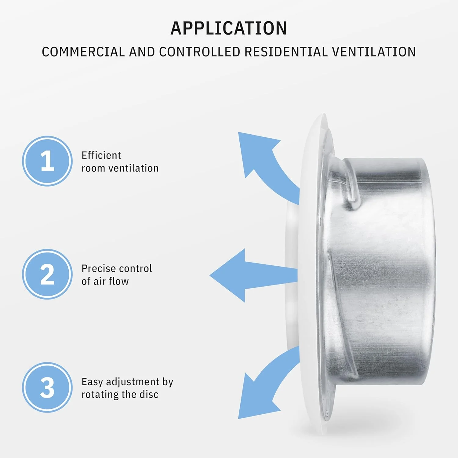 دریچه هوا کالیماایرو® TVSA سایز 4 اینچ، گرد، قابل تنظیم، فولادی، دریچه هواکش، دریچه خروجی هوا، مناسب برای حمام، دریچه کانال هوا، گریل، سفید RAL 9016، HVAC