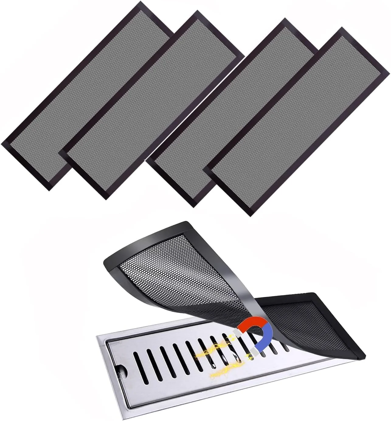 4Pack Floor Vent Covers Magnetic PVC Vent Mesh Cover, Strong Vent Covers, 4 x 10 Inch Air Vent Screen Cover, Floor Register Cover Vent Screen Trap for Wall Ceiling Floor Catch Debris Hair Filter