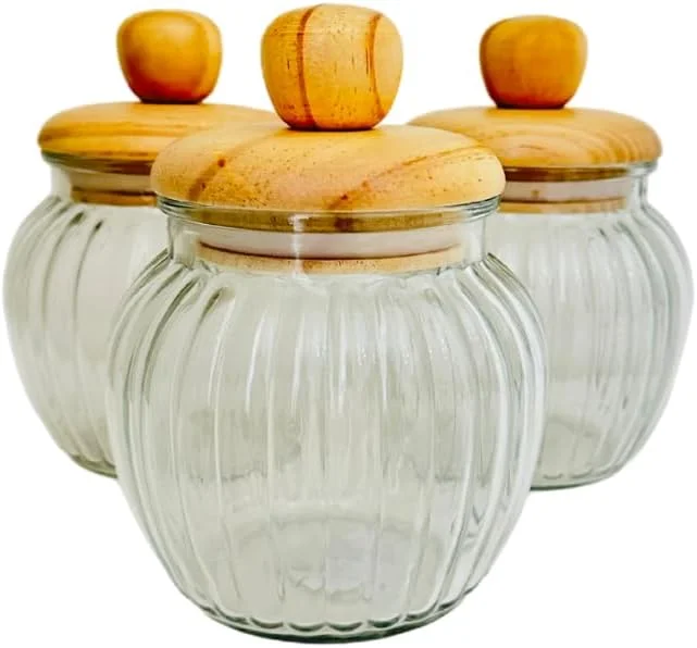 ست 3 عددی ظروف شیشه ای درب چوبی، 500 میلی لیتر، ظروف آشپزخانه برای نگهداری مواد غذایی، ارتفاع 15 سانتی متر، ظروف شیشه ای، ست ظروف درب دار، ظروف شیشه ای