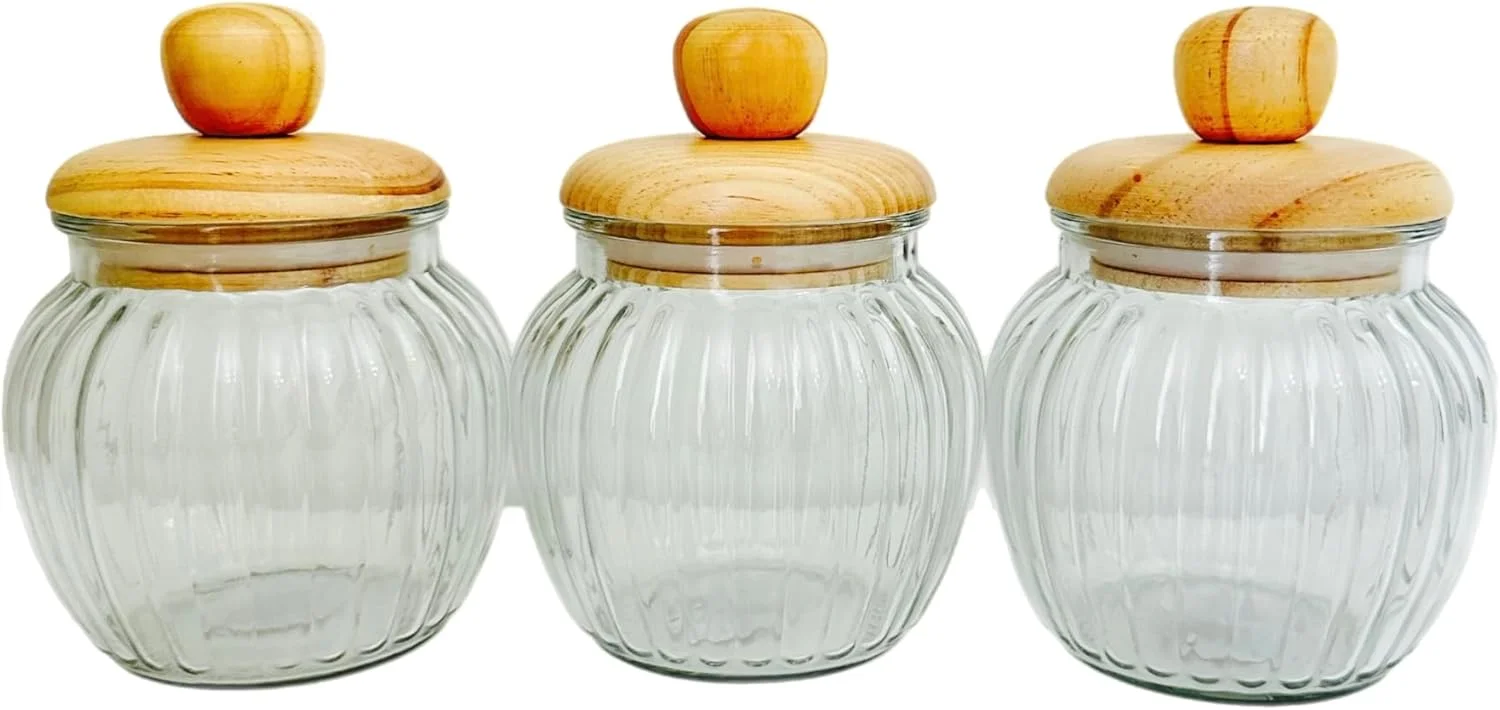 ست 3 عددی ظروف شیشه ای درب چوبی، 500 میلی لیتر، ظروف آشپزخانه برای نگهداری مواد غذایی، ارتفاع 15 سانتی متر، ظروف شیشه ای، ست ظروف درب دار، ظروف شیشه ای