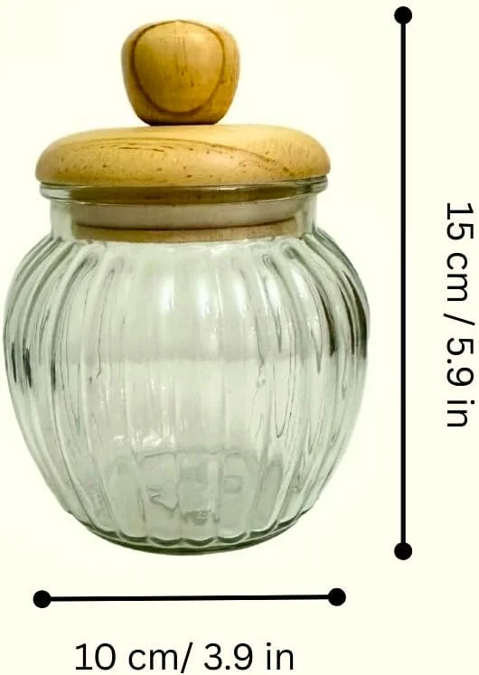 ست 3 عددی ظروف شیشه ای درب چوبی، 500 میلی لیتر، ظروف آشپزخانه برای نگهداری مواد غذایی، ارتفاع 15 سانتی متر، ظروف شیشه ای، ست ظروف درب دار، ظروف شیشه ای