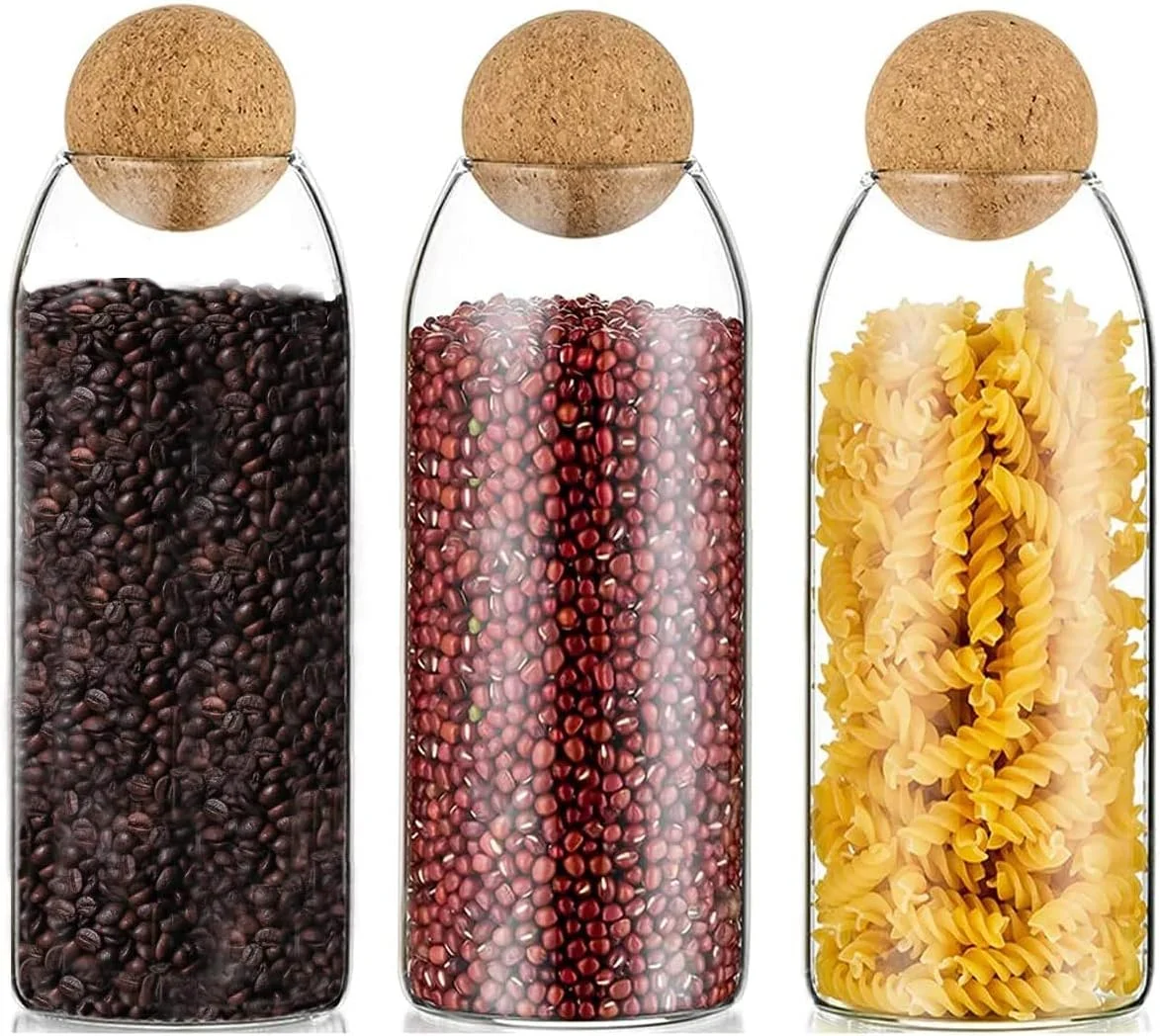 ظروف شیشه ای نگهداری مواد غذایی با درب چوبی، 3 عدد ظروف شیشه ای بامبو با مهر و موم خوب، ظروف قهوه در اندازه های مختلف برای پیشخوان آشپزخانه، انبار، چای، شکر، آرد (3 عدد - 1600 میلی لیتر)