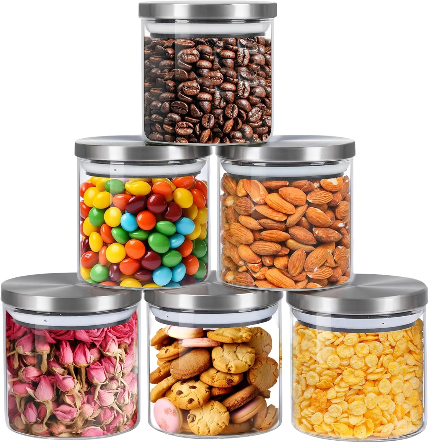 ظروف شیشه ای نگهداری مواد غذایی با درب استیل، ست 4 تایی شیشه های شفاف درب دار، ظروف شیشه ای کوچک درب دار، شیشه های نگهداری 470 میلی لیتری برای ادویه، شکر، چای، آبنبات، کلوچه، ظروف آشپزخانه